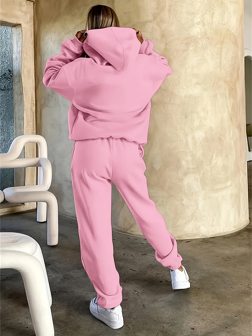 Hoodie Set with Black Triangle Pattern Letter Print Standard Round Neck - Pink
