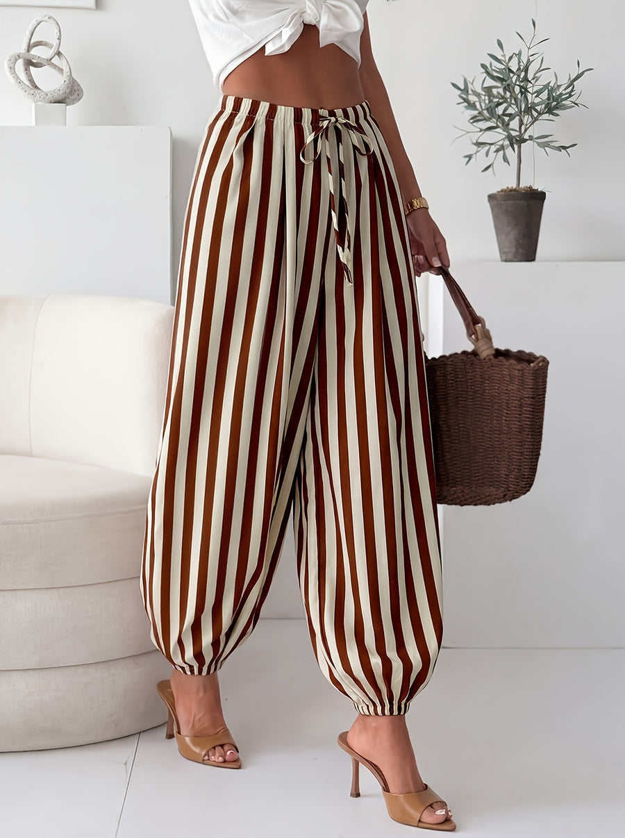 Women' Elegant Striped Tapered Wide- Pants - Cuffed Ankle & Long Length Trousers Suitable for Spring Summer Fall, Striped Trousers for, Semi-Formal & Casual Attire, Machine Washable Non-Stretch Pants - Coffee Bar