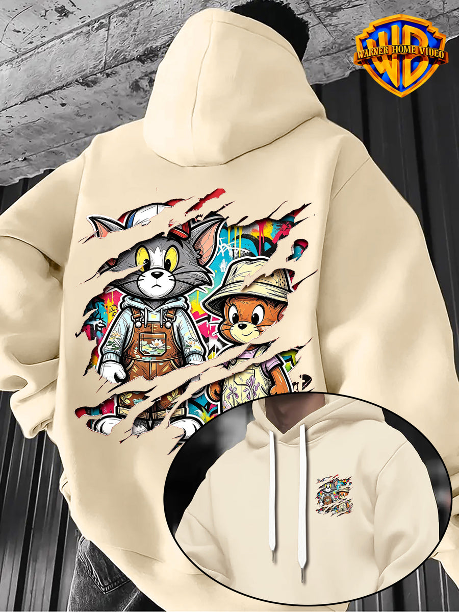 Warner Bros Official 1pc Vintage Painted Cartoon Character Trendy Casual Hoodie - Men's Fashion Hoodie, Adjustable Drawstring Loose and Comfortable Sweatshirt, Suitable for Daily and Outdoor Sports Wear, the Perfect Choice for Warmth in Autumn - Apricot