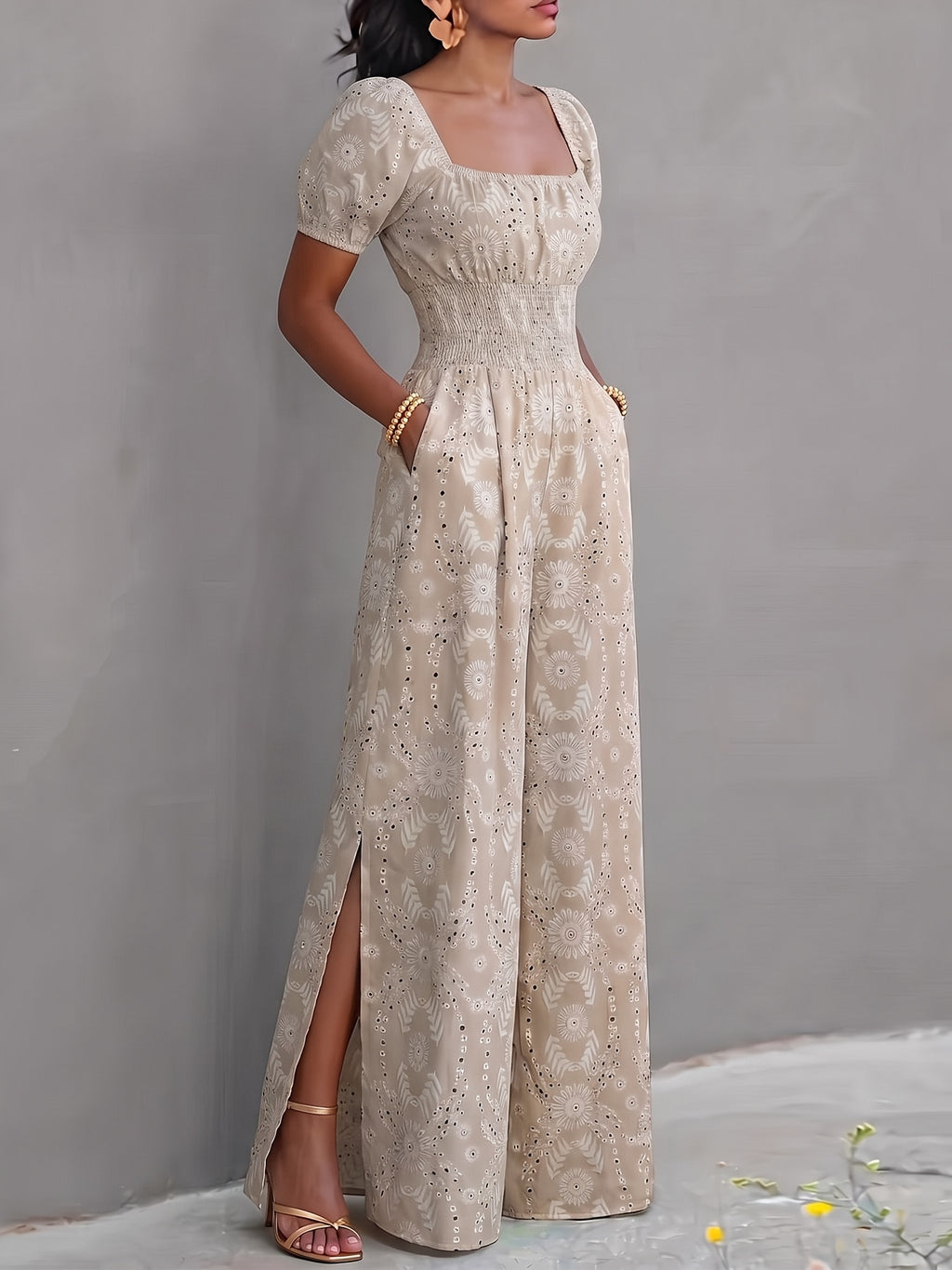 2026 Spring/Summer New Square Neck Waist-Cinching Side-Slit Wide-Leg Jumpsuit Women'S, Ethnic Print Elastic Waist Vacation One-Piece Long Pants, Retro Square Neck with Short Sleeves, Mid-Section Full Piece Gathered Elastic Waist - Khaki