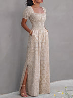 2026 Spring/Summer New Square Neck Waist-Cinching Side-Slit Wide-Leg Jumpsuit Women'S, Ethnic Print Elastic Waist Vacation One-Piece Long Pants, Retro Square Neck with Short Sleeves, Mid-Section Full Piece Gathered Elastic Waist - Khaki
