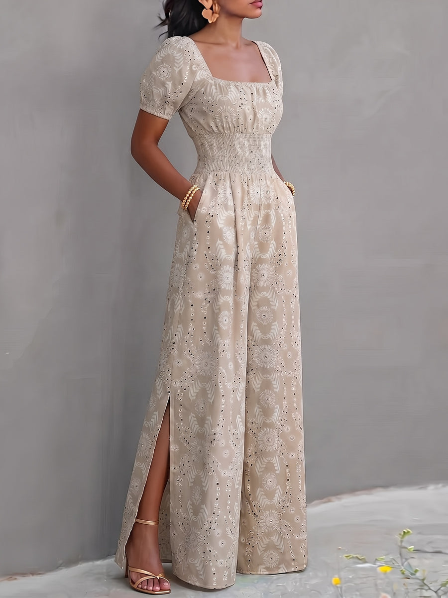 2026 Spring/Summer New Square Neck Waist-Cinching Side-Slit Wide-Leg Jumpsuit Women'S, Ethnic Print Elastic Waist Vacation One-Piece Long Pants, Retro Square Neck with Short Sleeves, Mid-Section Full Piece Gathered Elastic Waist - Khaki