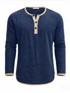 Men's Retro Color-Block Cotton And Linen Blend Button-Up Henley Long Sleeve Polo Shirt, 2pcs. Breathable & Relaxed Fit. Casual Outdoor, Work & Party Wear. Versatile Spring/Fall/Autumn Layering Essential - Army Green+Navy Blue
