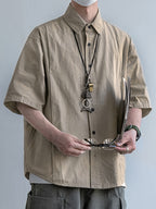 Men's Trachten Shirt, Japanese Vintage Workwear Short-Sleeve Shirt, Loose and Lazy Style Silhouette, Handsome Shirt, Trendy Top for Summer - Khaki