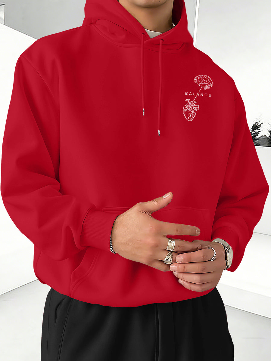 Minimalist Trendy Unisex Hoodie with Brain And Heart Balance Print - Red