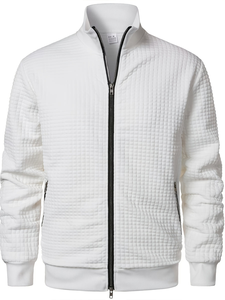 Pearson OBM Men's Checkered Textured Baseball Jacket, Waffle Knit Full-Zip Casual Outerwear, Spring/Autumn Lightweight Loose-Fit Versatile Long-Sleeve Top / Casual Commute / Outdoor Wear, Smart Casual Layering - White