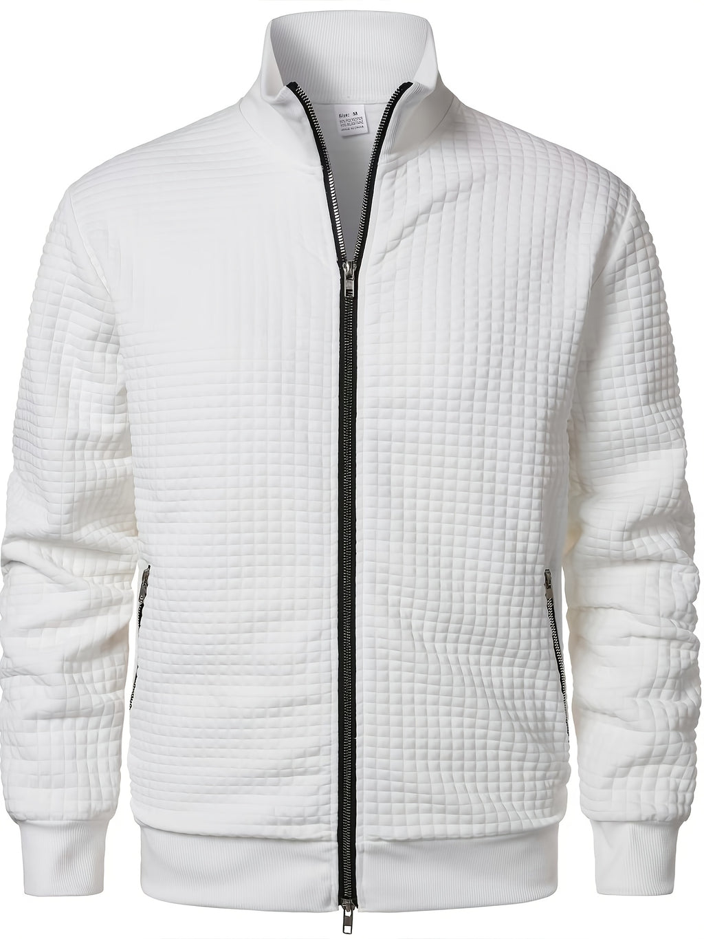Pearson OBM Men's Checkered Textured Baseball Jacket, Waffle Knit Full-Zip Casual Outerwear, Spring/Autumn Lightweight Loose-Fit Versatile Long-Sleeve Top / Casual Commute / Outdoor Wear, Smart Casual Layering - White