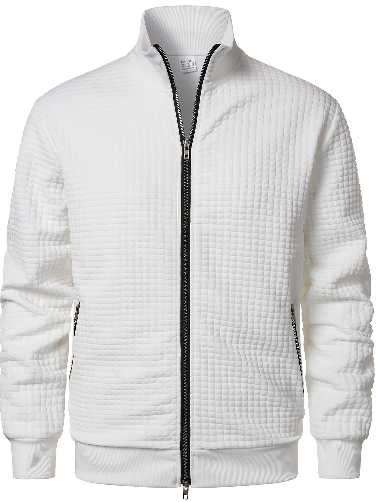 Pearson OBM Men's Checkered Textured Baseball Jacket, Waffle Knit Full-Zip Casual Outerwear, Spring/Autumn Lightweight Loose-Fit Versatile Long-Sleeve Top / Casual Commute / Outdoor Wear, Smart Casual Layering - White