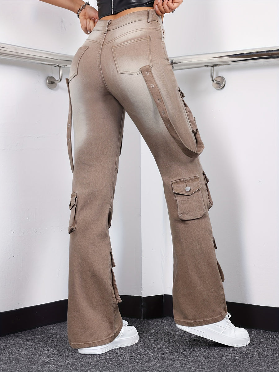 Women's High-Waisted Stretch Denim Cargo Pants with Multiple Pockets - Black Hip Hop Streetwear Style, Straight Leg Fit,, Perfect for Casual Outings, Spring Summer Pants | Cargo Style Jeans | Rugged Denim - Yellowish-brown