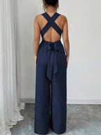 V-neck Women's Jumpsuit with Crisscross Waist Ties, Slit Back, and Wide-leg Straight-cut Pants - Navy blue color