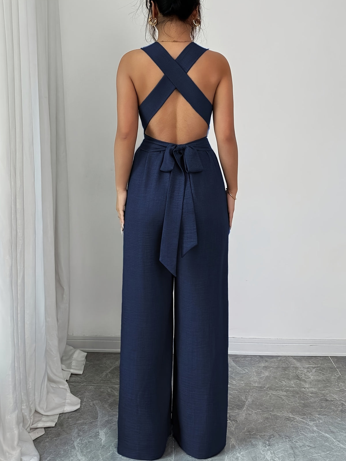 V-neck Women's Jumpsuit with Crisscross Waist Ties, Slit Back, and Wide-leg Straight-cut Pants - Navy blue color