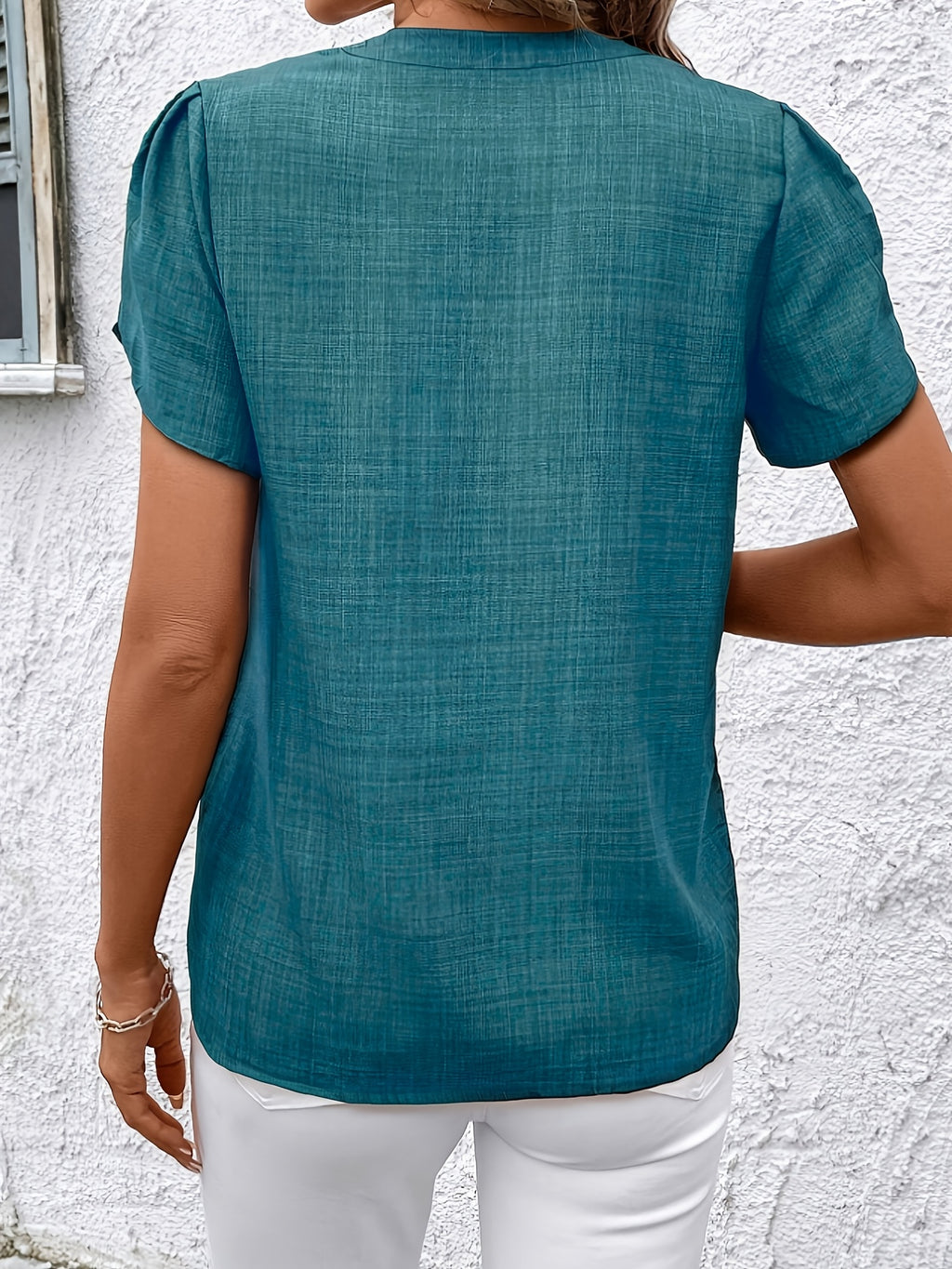 Elegant Petal Sleeve Notched V-Neck Shirt | Solid Color, Suitable for Spring/Summer/Fall - Peacock Blue
