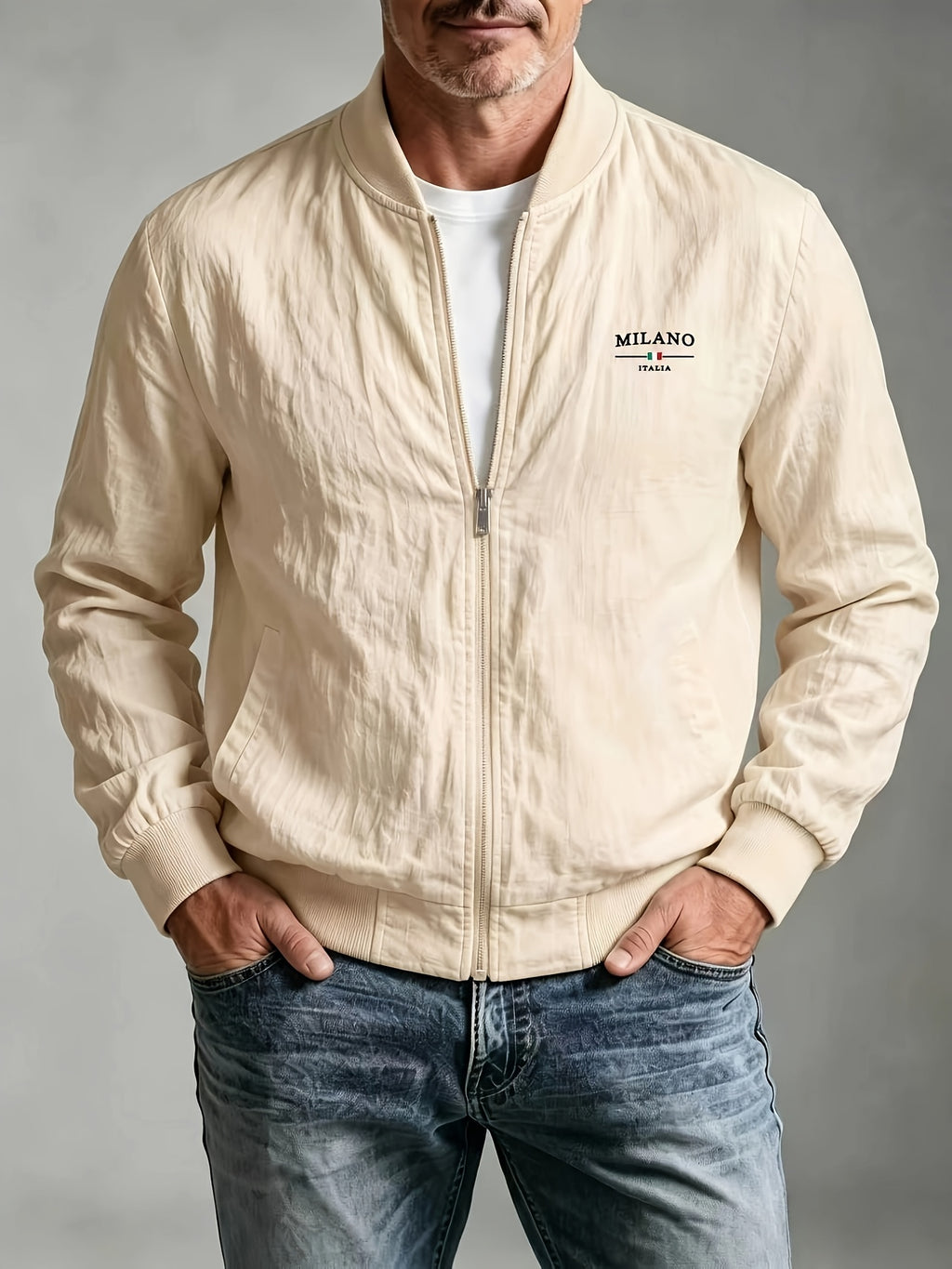 Spring Summer Linen Washed Pleated Baseball Collar Jacket Men'S MILANO Letter Print Thin Breathable Coat Middle-Aged Dad Loose Zipper Cardigan Multi-Color Versatile Commute Casual Outerwear Baseball Uniform Top, Transitional Bomber Jacket - Apricot