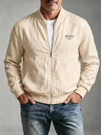 Spring Summer Linen Washed Pleated Baseball Collar Jacket Men'S MILANO Letter Print Thin Breathable Coat Middle-Aged Dad Loose Zipper Cardigan Multi-Color Versatile Commute Casual Outerwear Baseball Uniform Top, Transitional Bomber Jacket - Apricot
