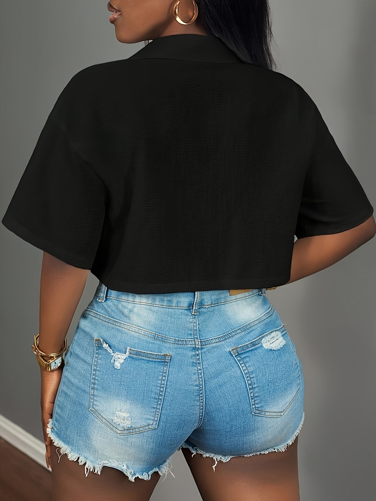 New Women'S Casual Street Pocket Short-Sleeved Shirt Loose Short White Drop Shoulder Shirt Women'S Shirt, Spring/Summer, Casual Daily Wear, Music Festival - Black
