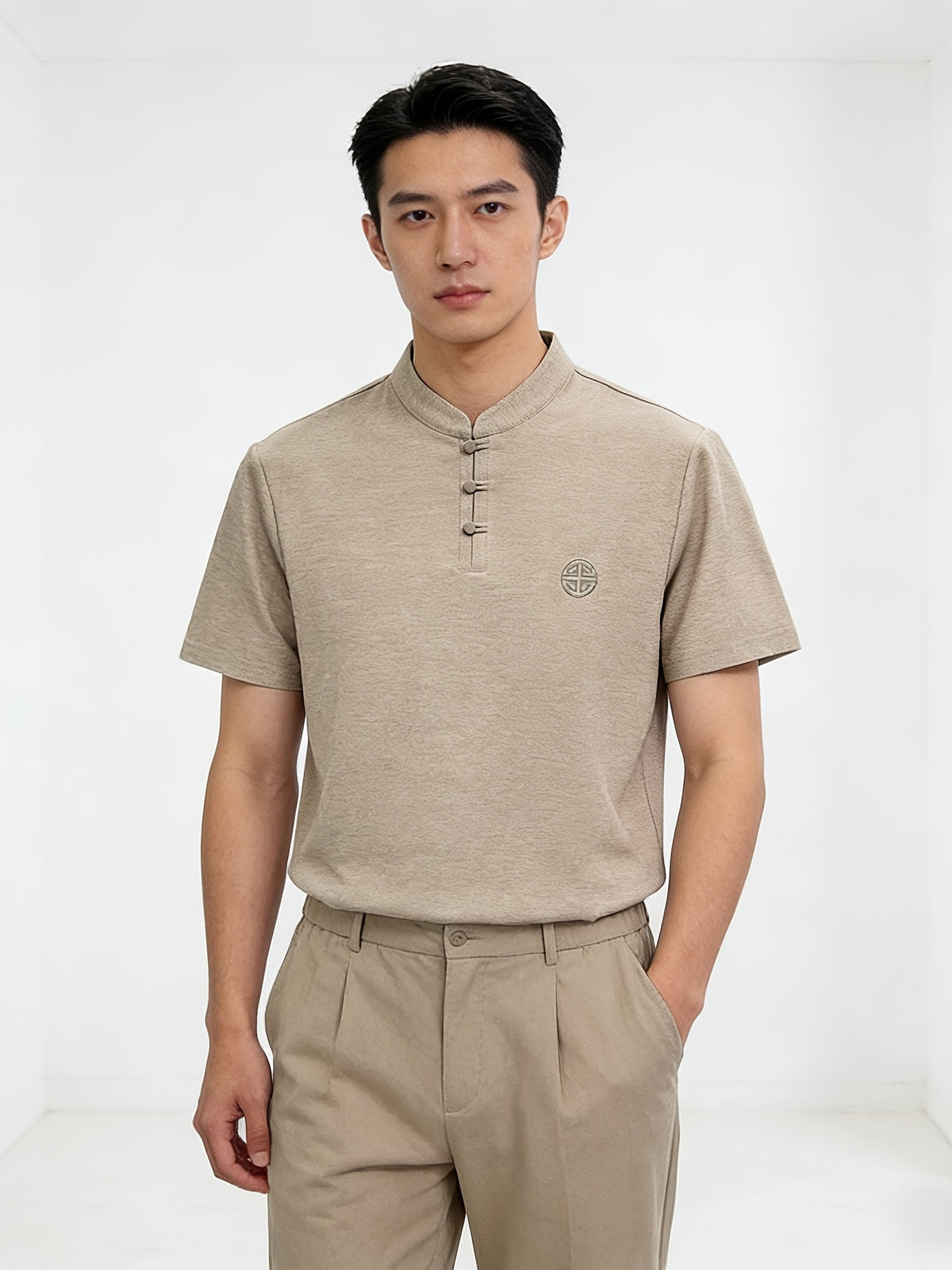 Summer New Fashion Chinese Style Comfortable Fabric Men'S Casual Sports Polo Shirt Short Sleeve, Gift, Casual Wear - Khaki