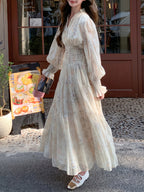 New French-Style Floral Print Dress, Autumn/Winter Long Sleeve Chiffon Tea Break Maxi Dress, Waist-Cinching Long Dress, High-End Beach Vacation Bridesmaid Dress, Elegant Party Women's Dress, Party Gown - Champagne