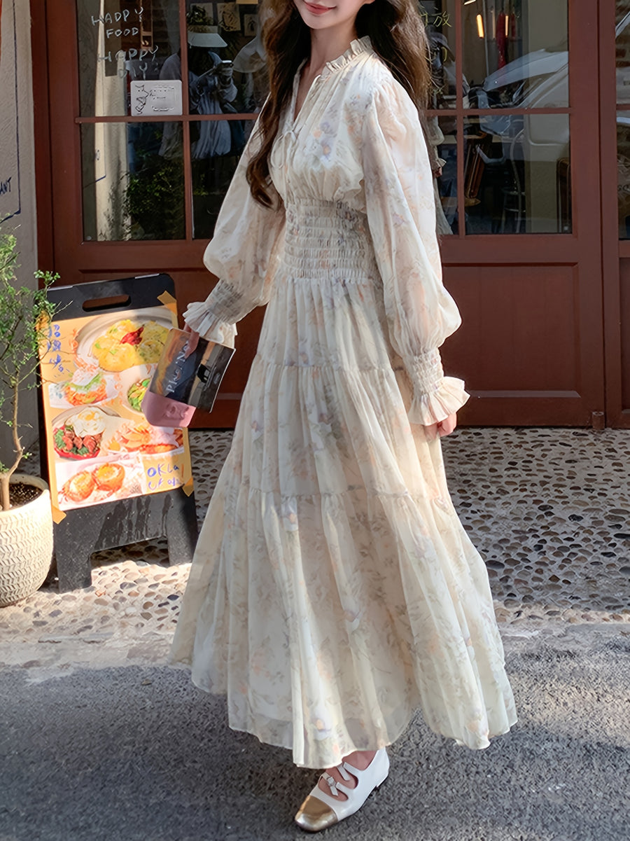 New French-Style Floral Print Dress, Autumn/Winter Long Sleeve Chiffon Tea Break Maxi Dress, Waist-Cinching Long Dress, High-End Beach Vacation Bridesmaid Dress, Elegant Party Women's Dress, Party Gown - Champagne