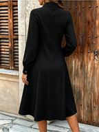 Women'S Elegant Solid Color Long Sleeve Dress, Fashionable Button-Detail Waist-Cinching Mid-Length Dress - Black