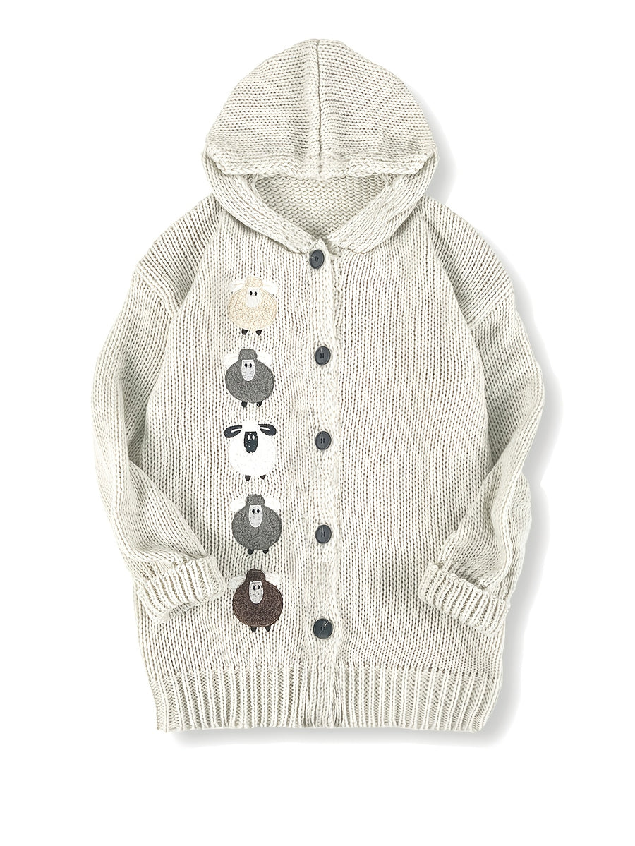 Winter Women's Elegant Hooded Oversized Outerwear Jacket, Multi-Color Little Lamb, Chunky, Soft, Thick, Beautiful, Stylish, Comfortable, Casual, Vintage, Commuting Cardigan, Gift - Granny Gray