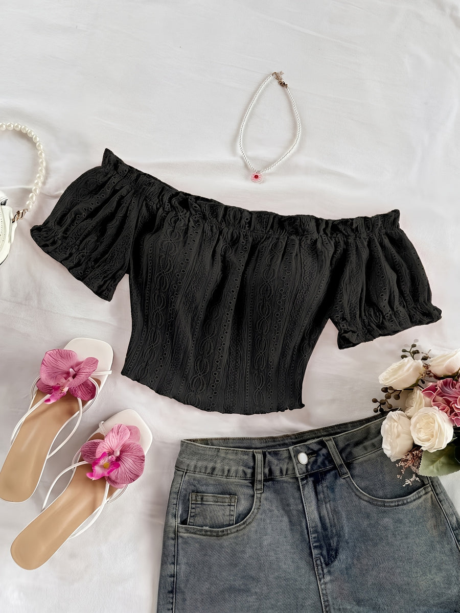 Women'S Bohemian Style Romantic Floral Vacation Style Floral Pattern Crop Off-Shoulder Top, Suitable for Daily Vacation Wear - Black