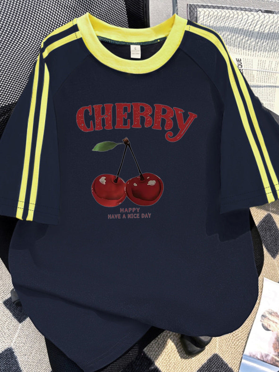 Y2K Retro Cherry Print T-Shirt - Short Sleeve Round Neck Blouse Suitable for Travel, Casual & Casual Attire, Machine Washable Spring Summer Outfits with Cherry, Non- Top - Blue Yellow