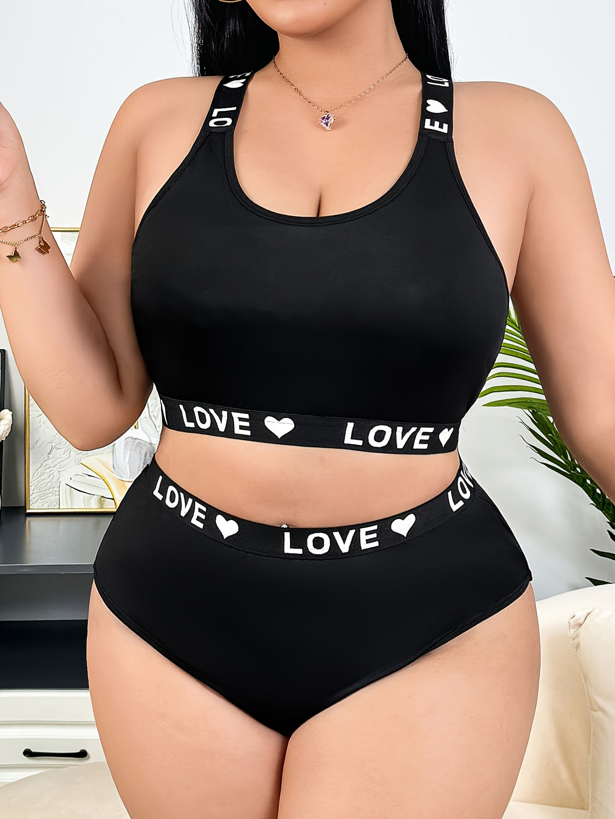 Black Minimalist Thin Breathable I-Beam Back Letter Print Comfortable Plus Size Women's Sexy Lingerie Set - Black