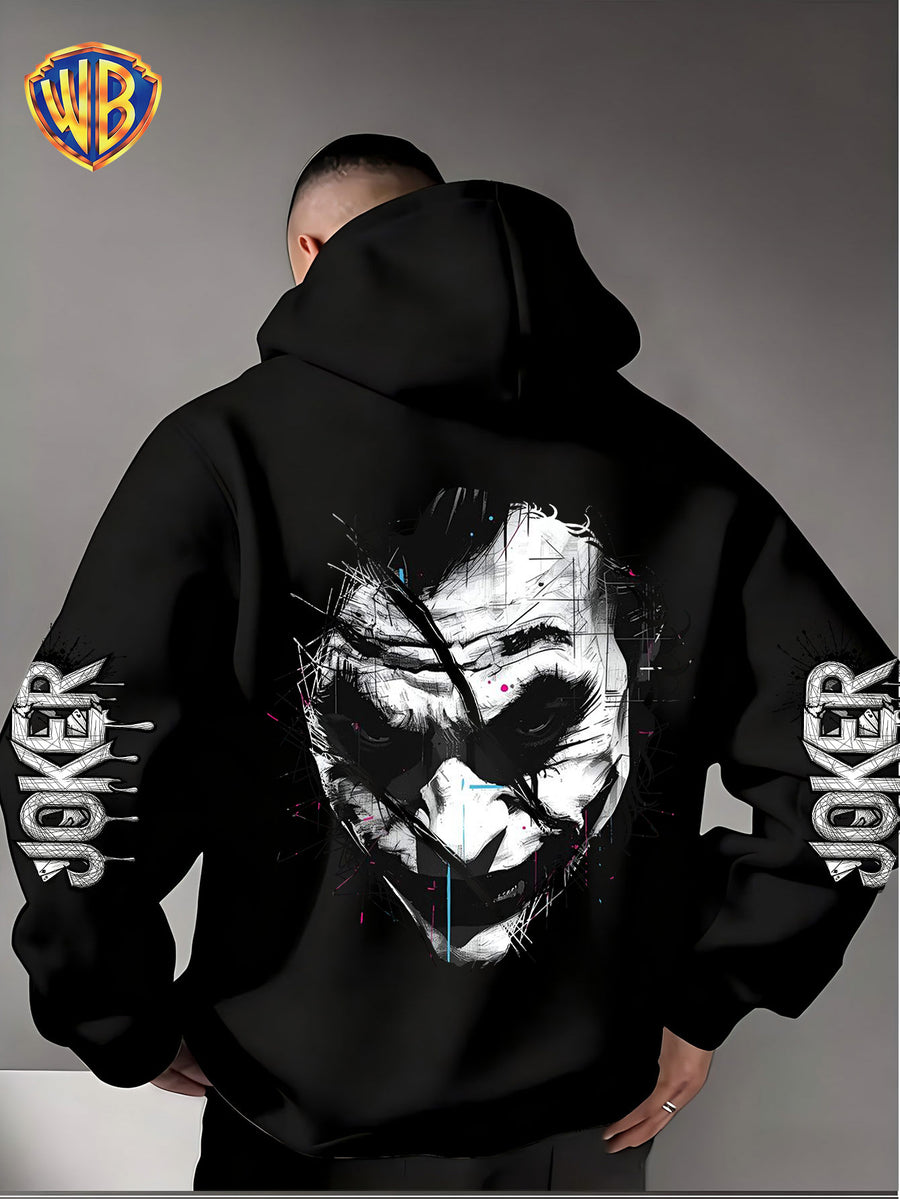 Dark and Edgy Style Hooded Sweatshirt, Featuring a Reimagined Clown Portrait Print with a Graffiti-like Texture That Exudes a Street Vibe. Packed with Streetwear Brand Attributes, It Unleashes a Free-spirited Aura and Is Unisex for Both Men and Women - Black