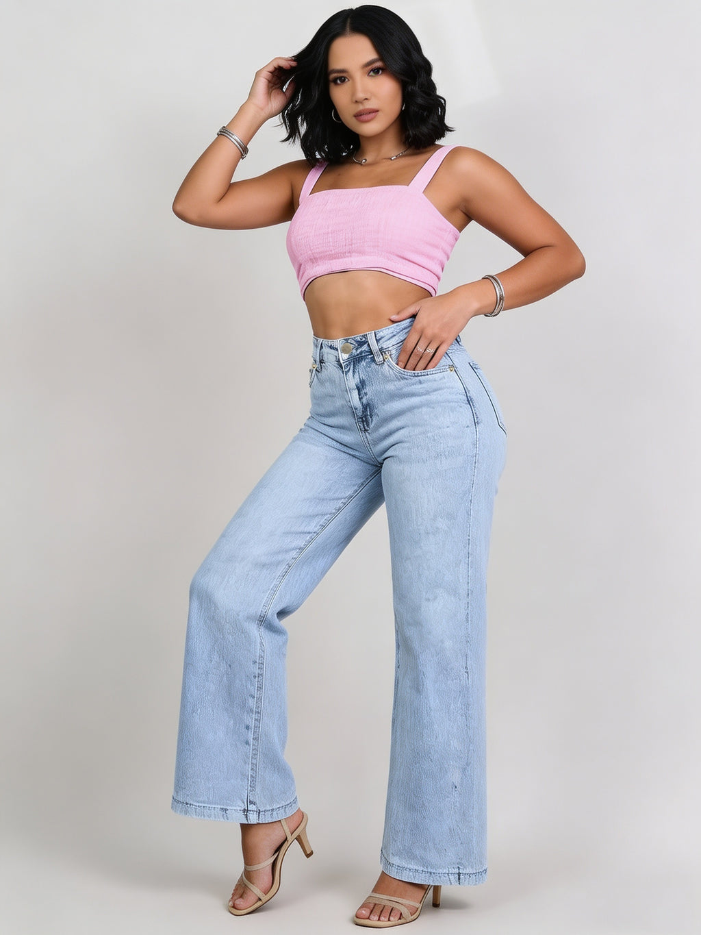 1pc All Seasons Trendy Latin American Women'S Outdoor High-Waist Straight Loose Jeans, Fresh Light Blue Washed Texture, Comfortable Stretch Fabric Lengthens Silhouette, Fashionable And Figure-Flattering - Sky Blue
