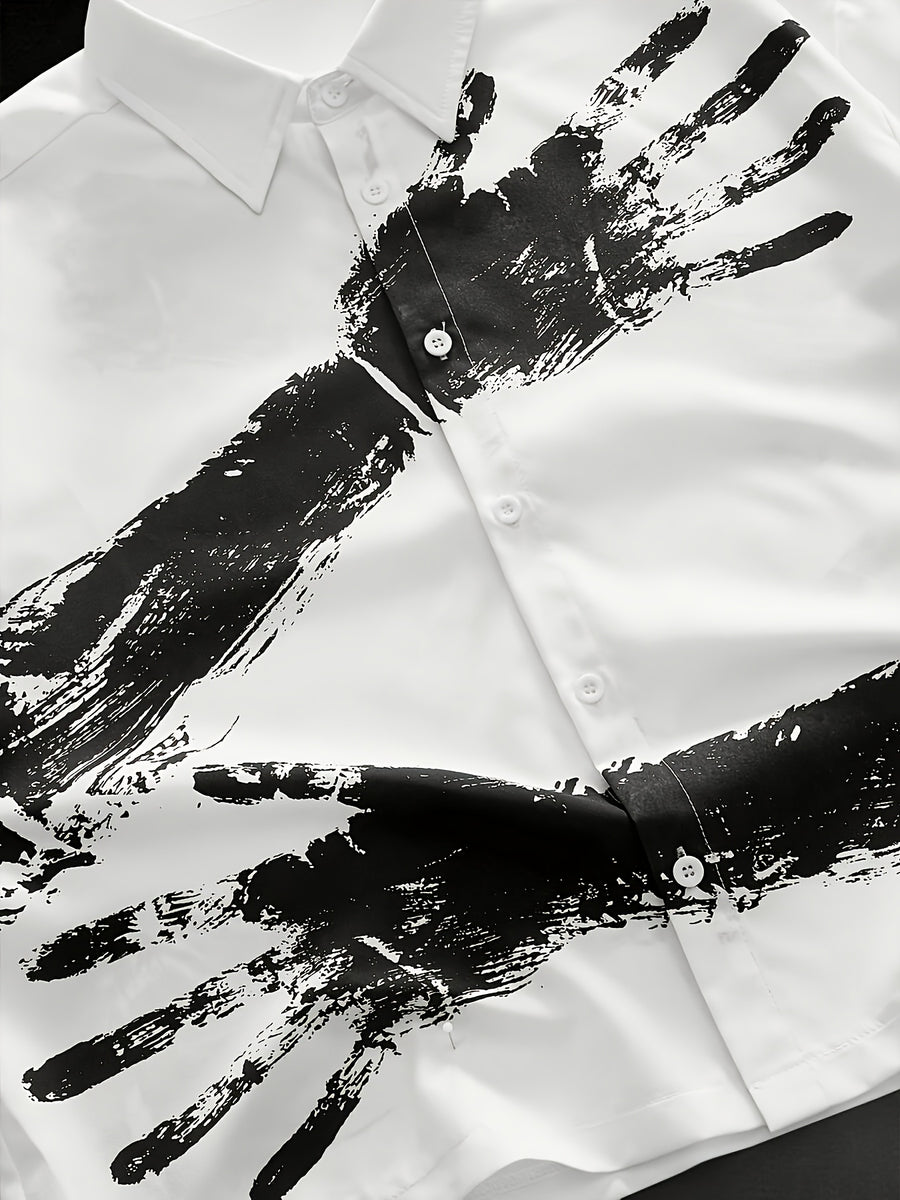 New Summer Men'S Black White Color Block Hand Print Cropped Shirt, Loose Casual Short Sleeve Versatile for Commute Date - Mixed colors