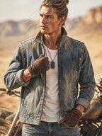 Men's Heavyweight Denim Jacket, Swagger Washed Gradient Vintage Autumn/Winter Trend American Workwear Jacket - Sky Blue