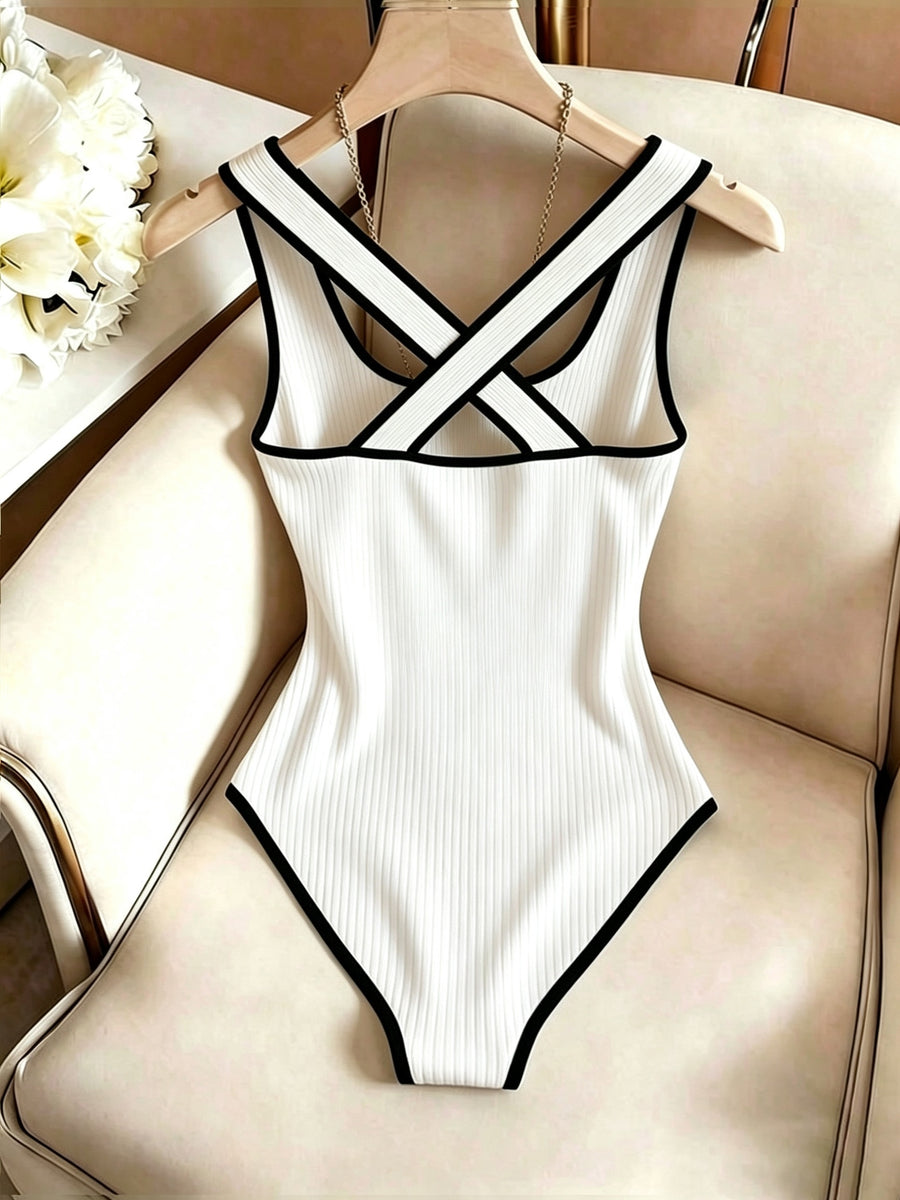 Contouring Black Trim Contrast Ribbed Stretch Women'S Elegant Tight Top Without Additions - White