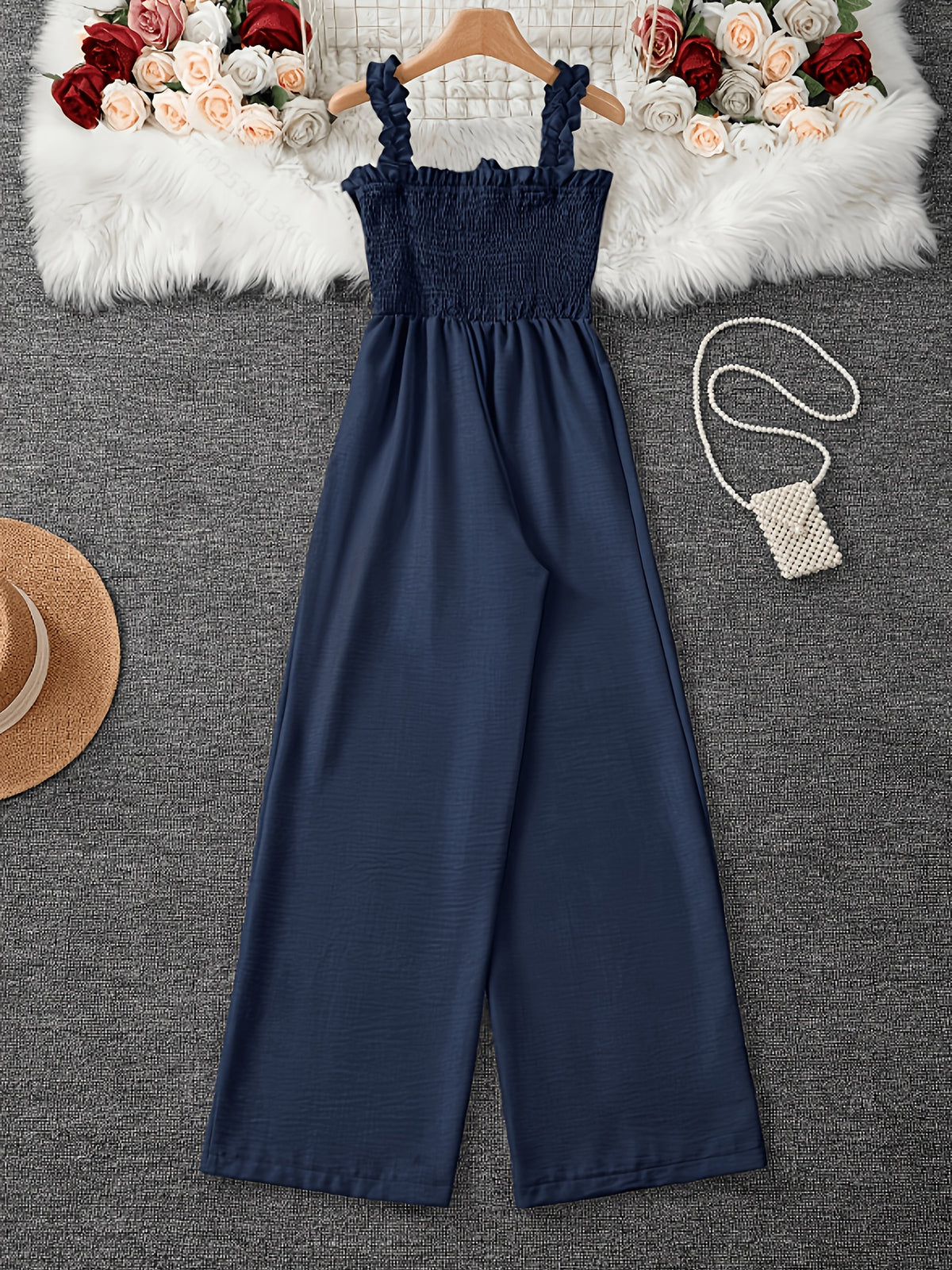 Women'S Solid Ruffled Camisole Sleeveless Jumpsuit, for Outings, Parties, Casual Daily Wear, Regular Thickness. Suitable for Spring And Summer, Autumn - Blue