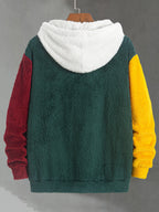 Men's Multi-Color Plush Hooded Sweatshirt with Contrast Patch Embroidery, Warm Autumn/Winter Hoodie with Drawstring - Green
