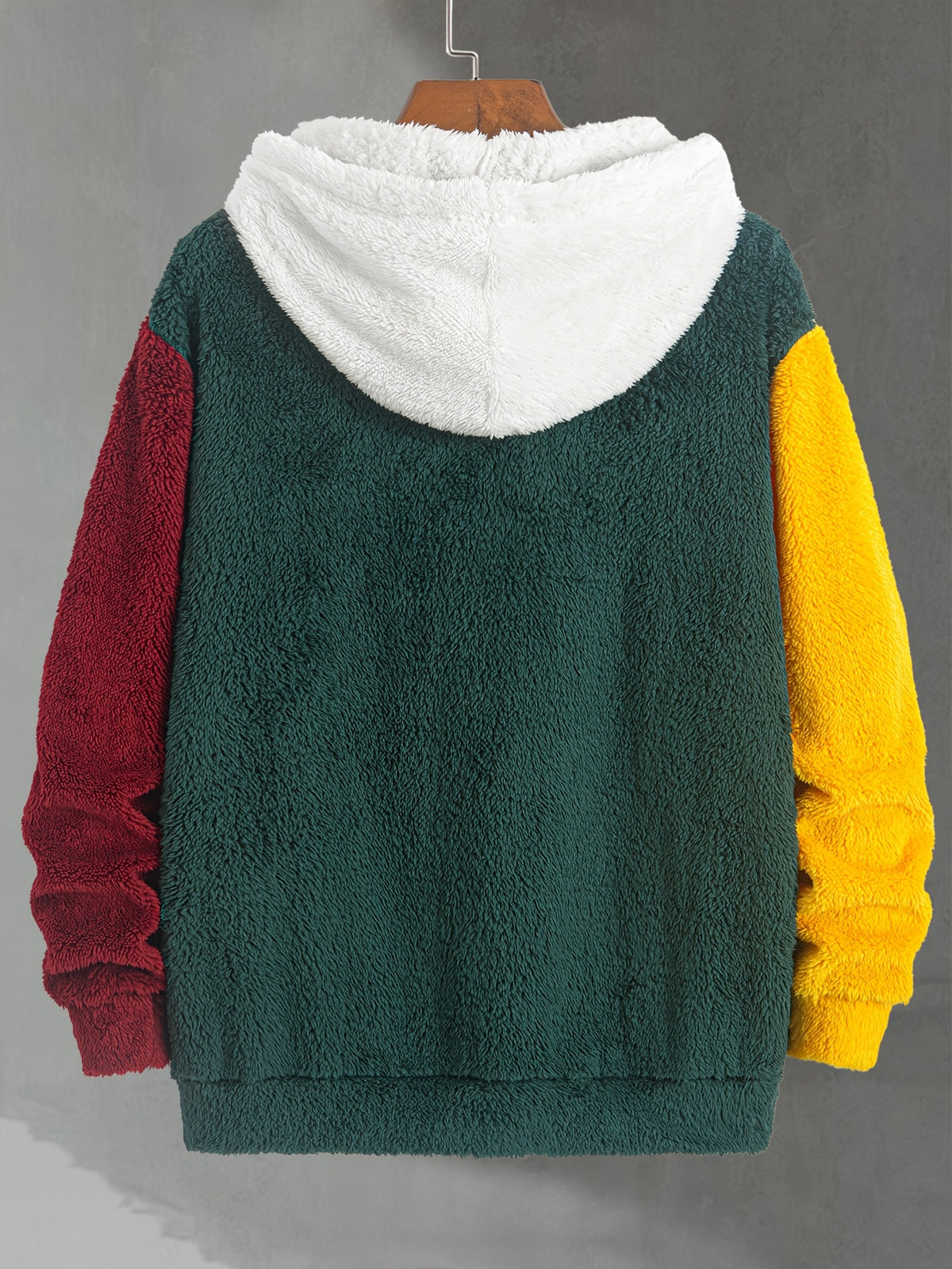 Men's Multi-Color Plush Hooded Sweatshirt with Contrast Patch Embroidery, Warm Autumn/Winter Hoodie with Drawstring - Green