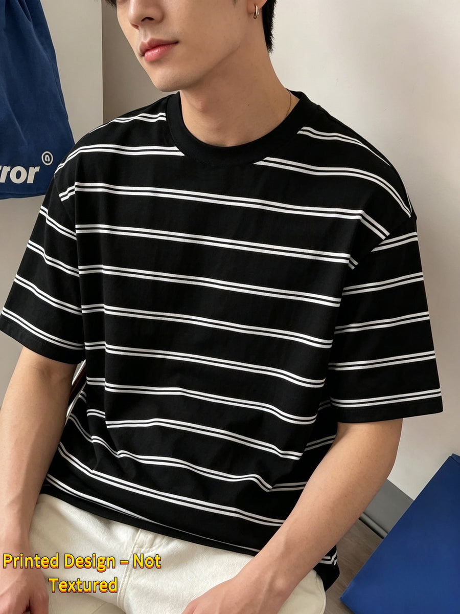 Men'S Trendy Casual Sports T-Shirt, Japanese Classic Black And White Striped Print Design, Fashionable Thin And Breathable Tee, Machine Washable Casual Short Sleeve Top - Mixed colors