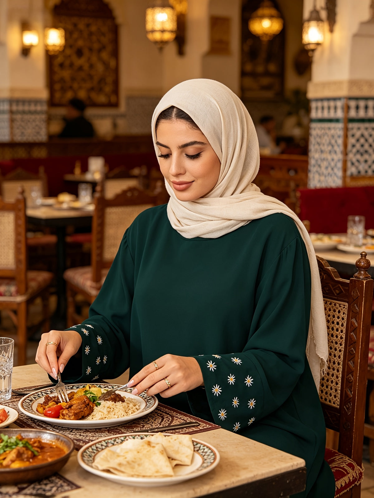 1pc (Scarf Not Included) This Fashionable, Elegant And Casual Abaya Dress with Embroidered Small Chrysanthemums at The Cuffs, No Scarf, Solid Color, Suitable for Daily Wear, Loose And Comfortable for Women. Islamic Clothing for Women Kleider Damen - Dark Green