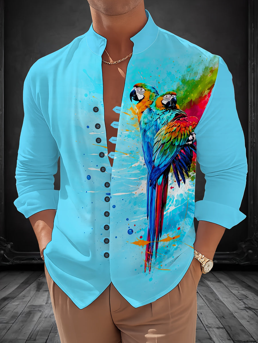 Men'S Fashion Stand Collar Long Sleeve Shirt with 11-Row Buttons Casual Versatile Top - Mixed Color 3