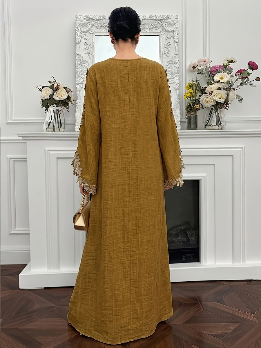 Women's Loose-fit Long-sleeve Dress, Arabic Style, Adorned with Embroidery and Cross Patterns - Brown