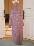 Arab Women'S Abaya Set | Comfortable Fashionable Ditsy Floral Print Long Robe with Integrated Hijab for Ramadan - Pink Color