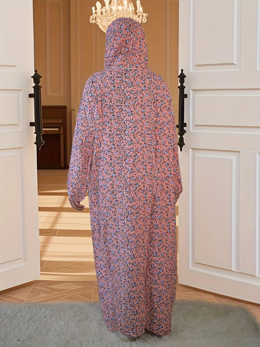 Arab Women'S Abaya Set | Comfortable Fashionable Ditsy Floral Print Long Robe with Integrated Hijab for Ramadan - Pink Color