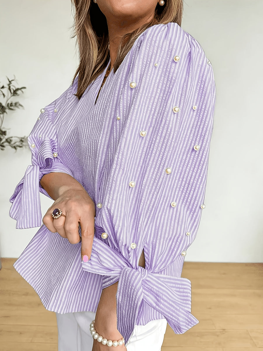 Women's Striped Fabric Top with Faux Pearl Bow, Ruffled Hem, and Tie-Front, Pink, Spring/Summer Style - Lavender