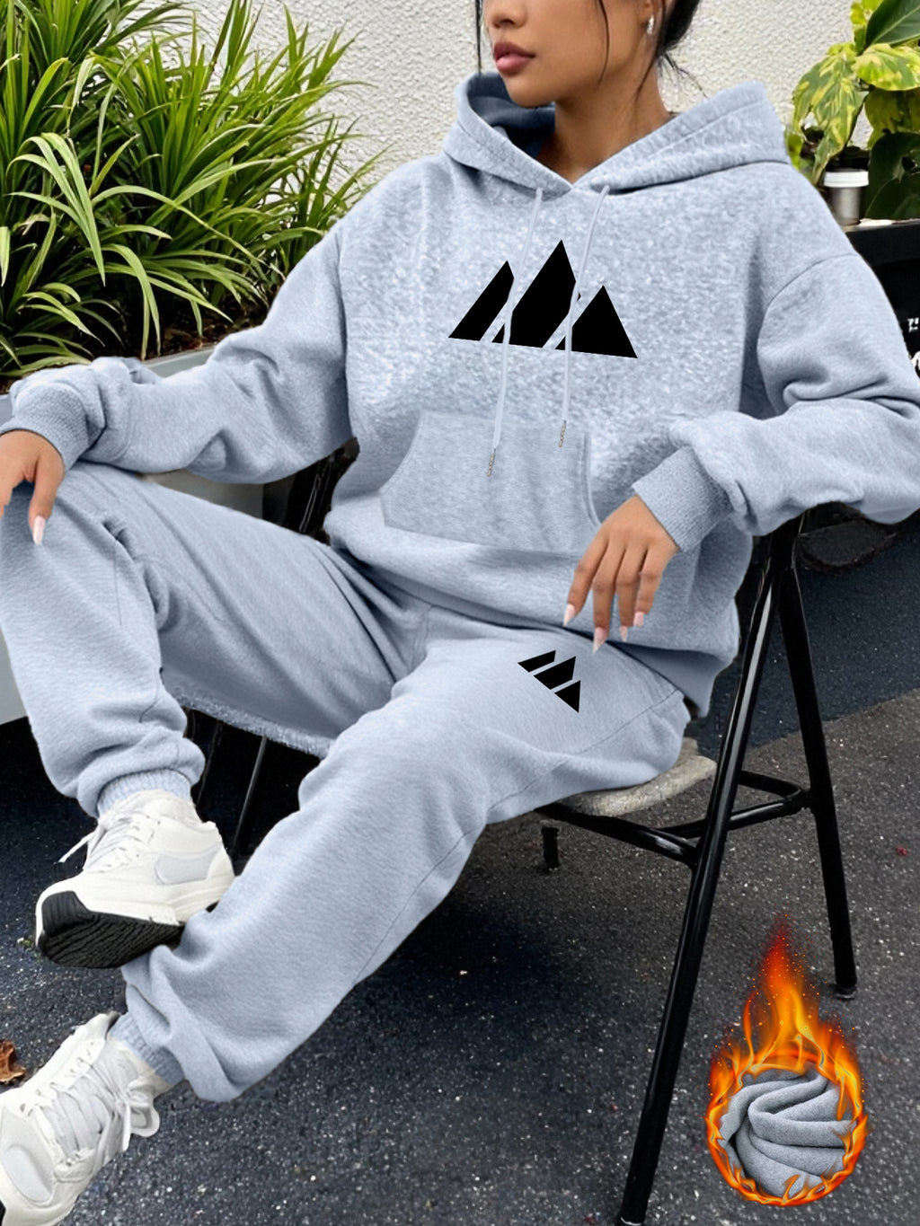Geometric Print Women's -Lined Hooded Sweatshirt + Jogger Set, Machine Washable Pullover for Autumn/Winter, Soft Fabric, Versatile Daily Wear, -Lined Design, 100% Polyester, Ideal for Outdoor Sports, Durable and Comfortable Material, Warm and Stylish - Light Grey