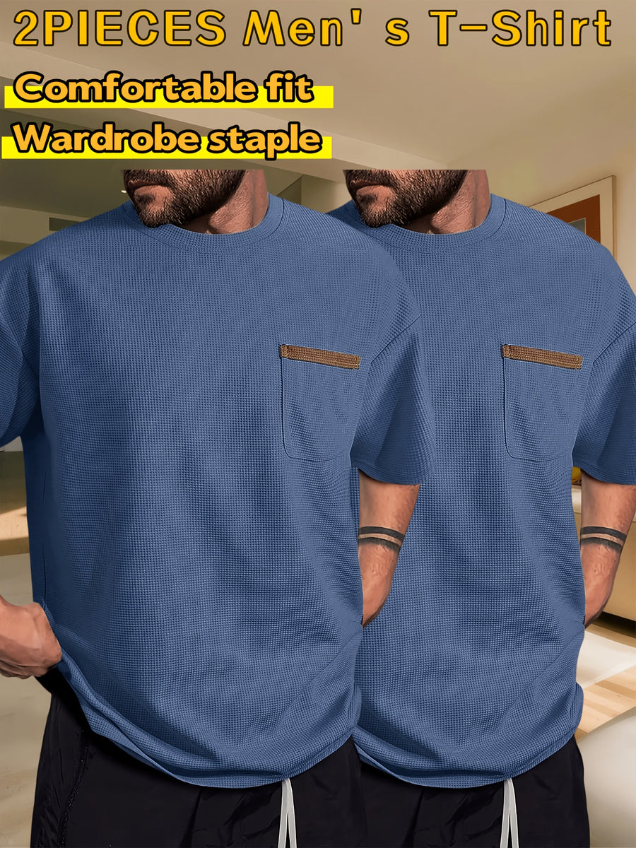 Men's Waffle-Knit Short Sleeve T-Shirt - Breathable Base Layer & Casual Round Neck Pocket Tee, Solid Color Suitable for Gym, Casual Attire, Machine Washable, Spring/Summer Layering Shirt, High-Fit Rate for Lifestyles - Blue+blue