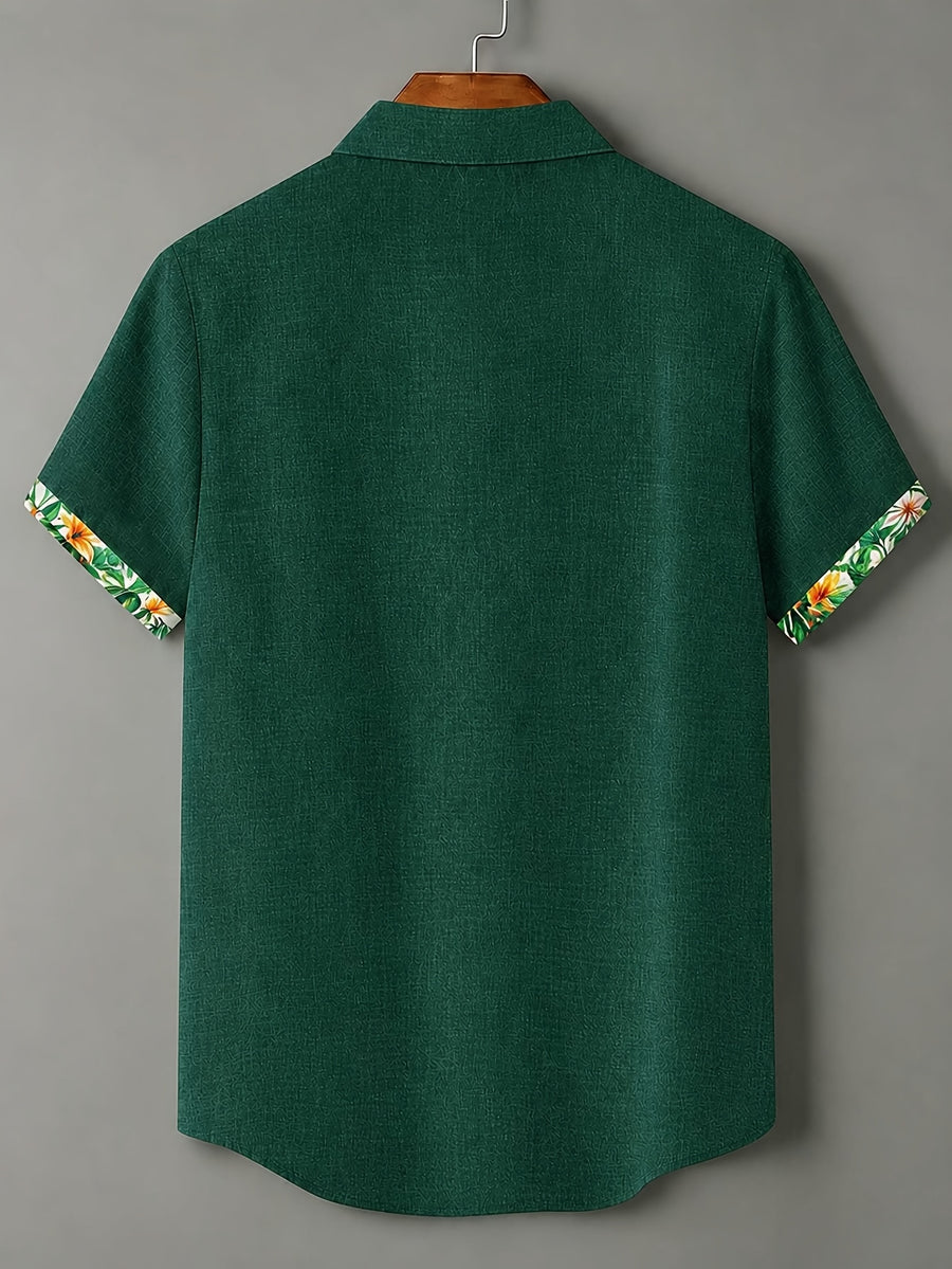 100% Men'S Casual Short Sleeve Shirt, Pure Fabric with Print And Color Block Design for Summer, Beach Vacation Style Blouse, Fabric Is Sweat-Absorbent And Breathable, Great Gift for Boyfriend And Husband, Suitable for Outdoor Travel Or Vacation - Dark Green