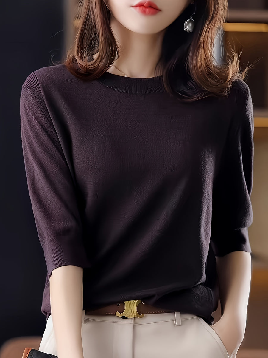 Women's Fine-Spun Round Neck Mid-Sleeve Top, New Spring/Autumn Vintage Elegant Top, Five-Part Sleeve Base Layer Shirt - Claret
