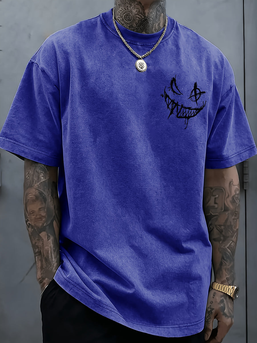 Licensed by WB Warner, Men'S Retro Old 100% Washed Crew Neck T-Shirt, DC Batman Joker Why So Serious Sketch Graffiti Design, Loose Version, Men'S Casual Versatile Loose T-Shirt, Suitable for Daily Wear Outdoor Sports - Royal Blue