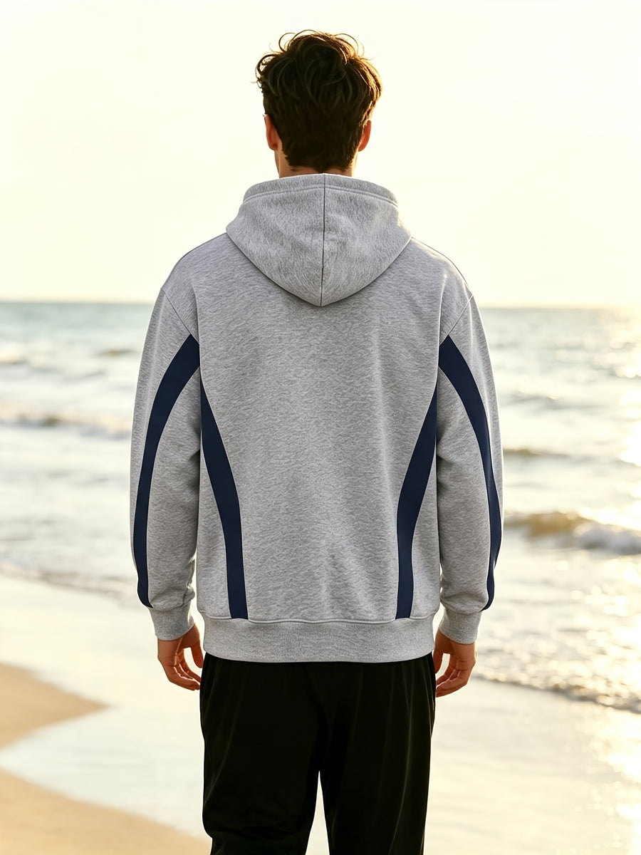 New Men'S Double Striped Hooded Sweatshirt with Loose Fit And Comfortable Pockets, Versatile And Trendy Hoodie for Daily Use - Grey