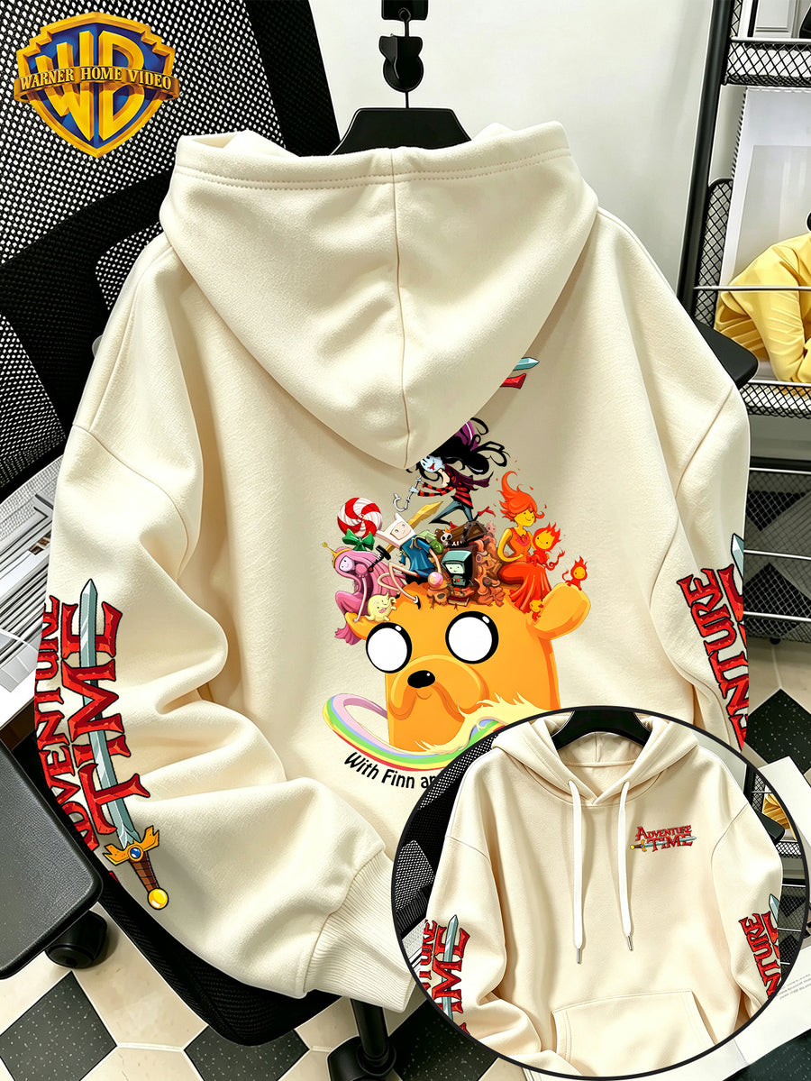Warner Bros. Men's New Trendy Hoodie with Adventure Time Jake's Head Crowd Cartoon Graphic Print, Casual Hooded Sweatshirt, Daily Drawstring Loose Pullover Top, Machine Washable Versatile Sporty Casual Men's Top - Apricot