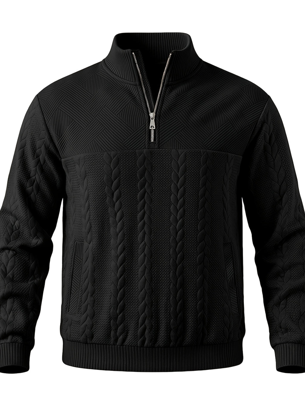 Whale Crossing OBM Men's Spring, Autumn, Winter Classic Fashion Italian Milanese Label Knitted Cable Knit Stand Collar Sweatshirt - Black